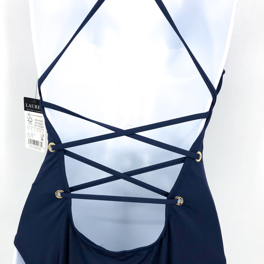 LAUREN RALPH LAUREN Strappy Plunge One-Piece Size 12 Blue Dark Navy Vneck NWT - Picture 6 of 11